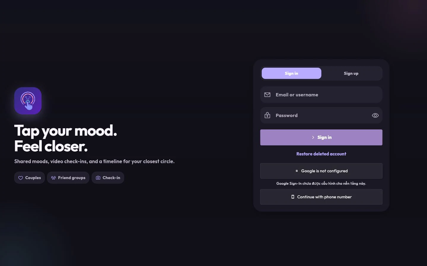 TapMood desktop sign-in interface